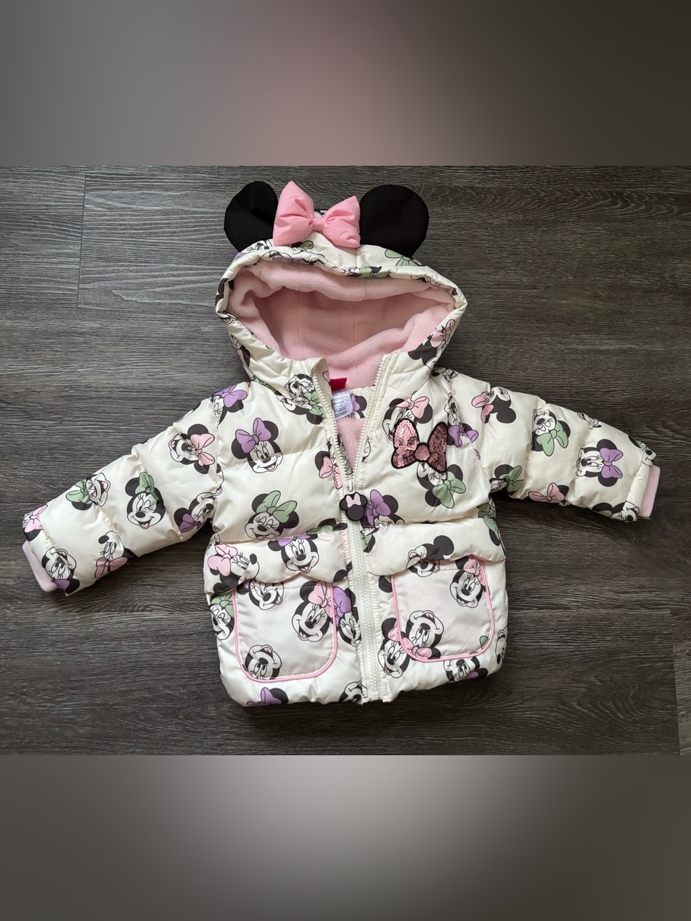 Minnie Mouse Hooded Puffer Jacket in Pink & Cream